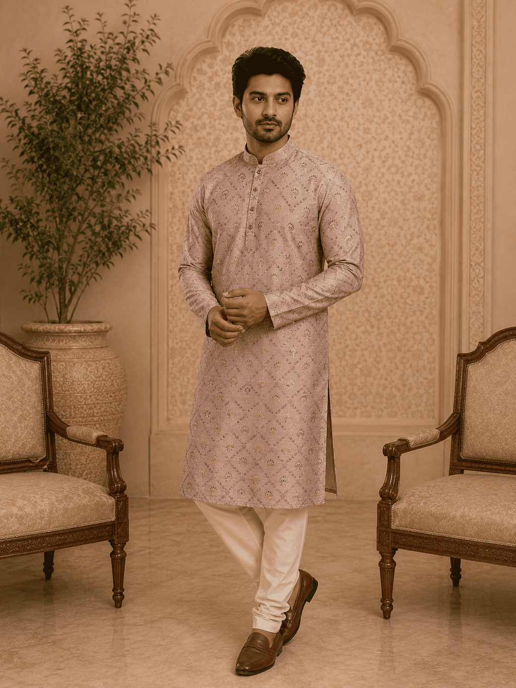 MULTI SHADES Peach Printed Men’s Kurta Set | Grocsy