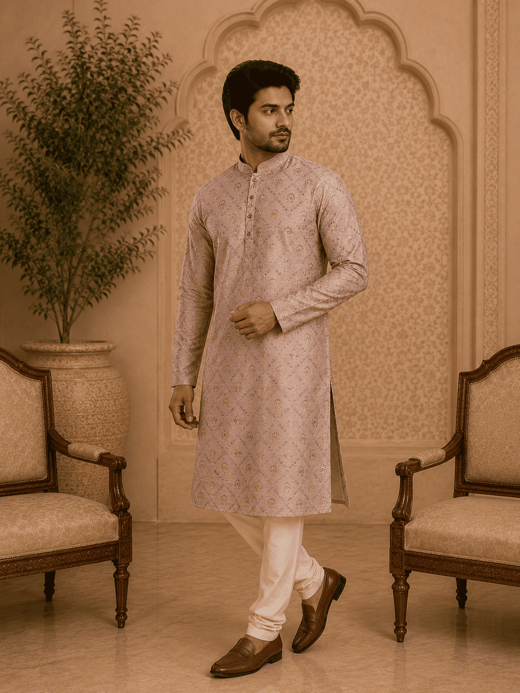 MULTI SHADES Peach Printed Men’s Kurta | Grocsy