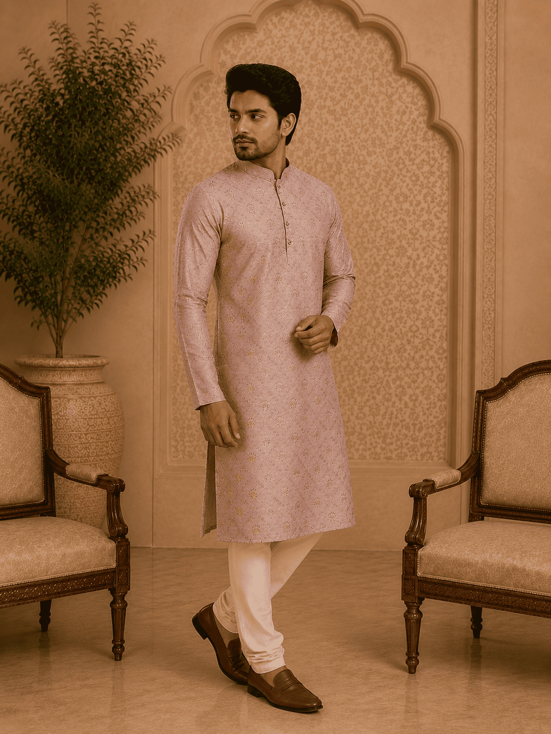 MULTI SHADES Peach Printed Men’s Kurta | Grocsy