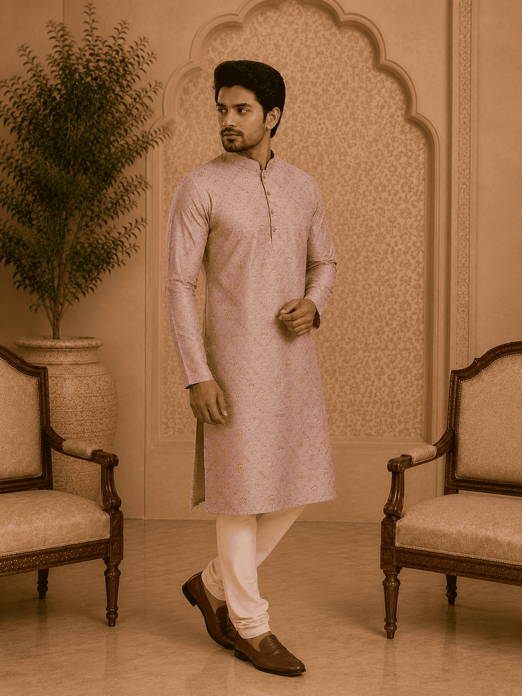 MULTI SHADES Peach Printed Men’s Kurta Set | Grocsy