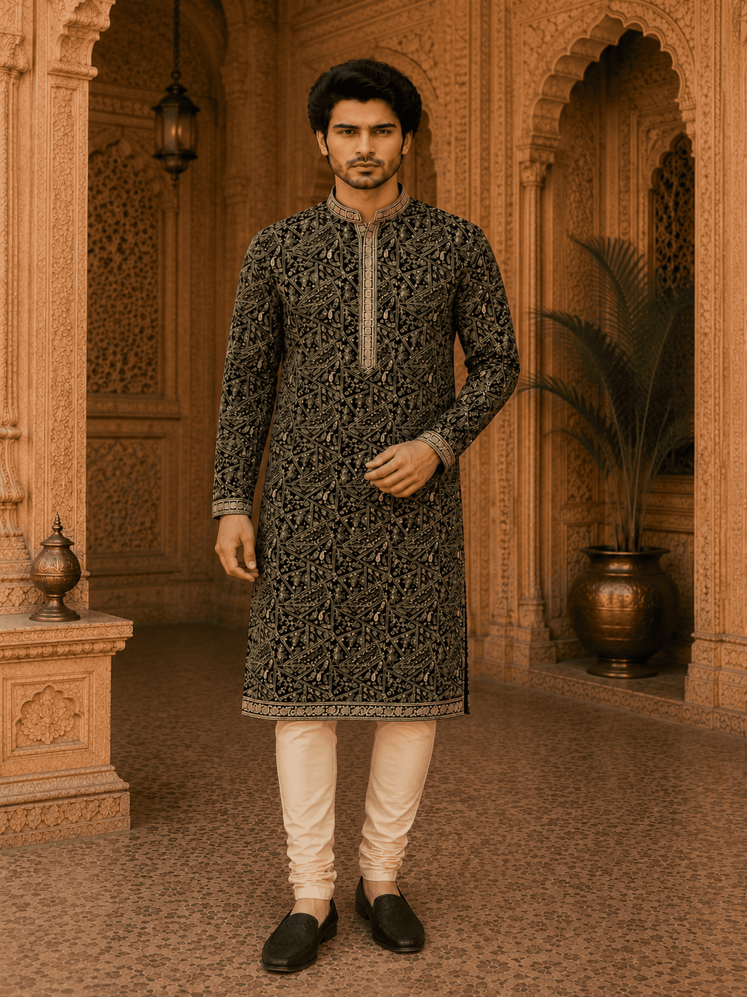 MULTI SHADES Royal Black Embroidered Men’s Kurta (With Inner Lining) | Grocsy
