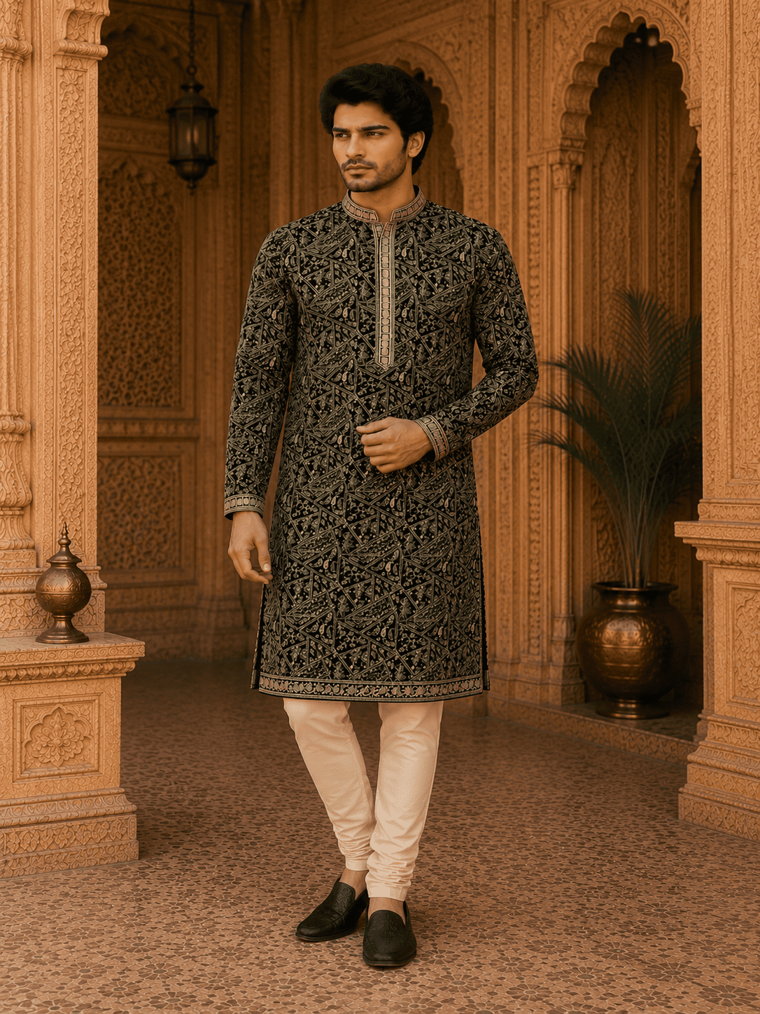 MULTI SHADES Royal Black Embroidered Men’s Kurta (With Inner Lining) | Grocsy