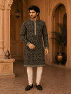 MULTI SHADES Royal Black Embroidered Men’s Kurta Set (With Inner Lining) | Grocsy
