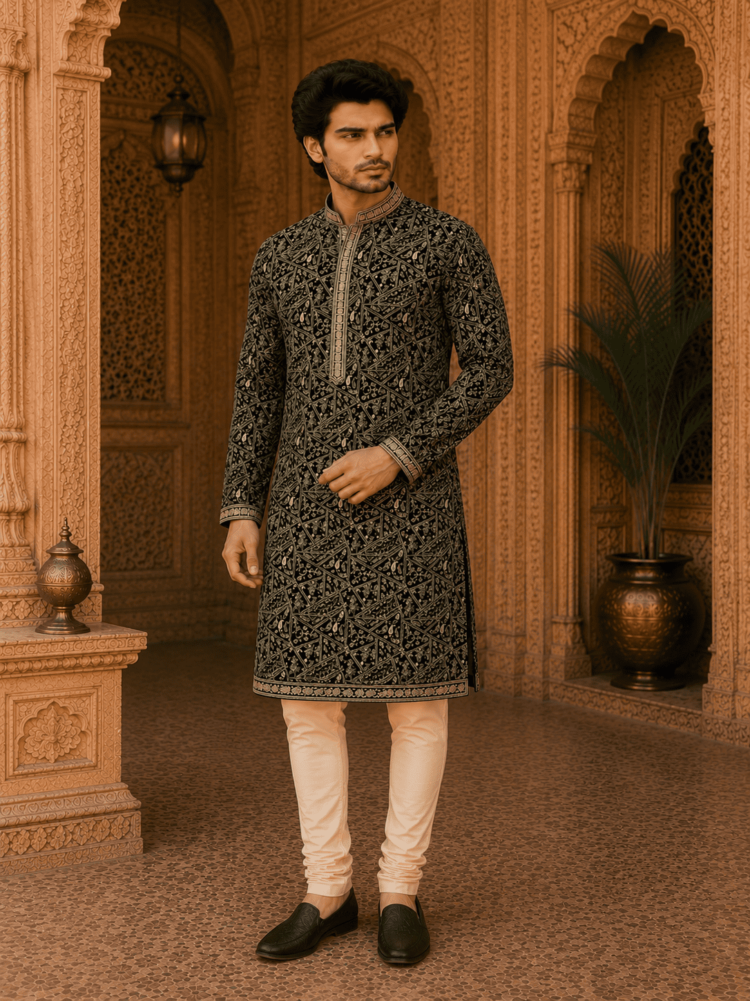MULTI SHADES Royal Black Embroidered Men’s Kurta (With Inner Lining) | Grocsy