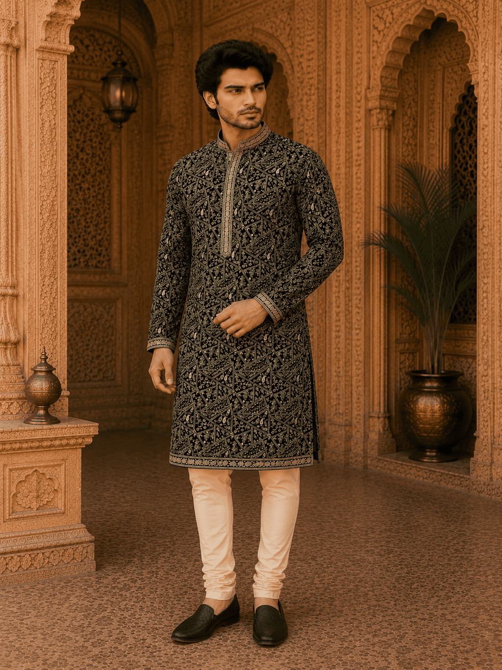 MULTI SHADES Royal Black Embroidered Men’s Kurta Set (With Inner Lining) | Grocsy