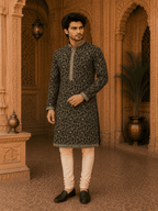 MULTI SHADES Royal Black Embroidered Men’s Kurta Set (With Inner Lining) | Grocsy