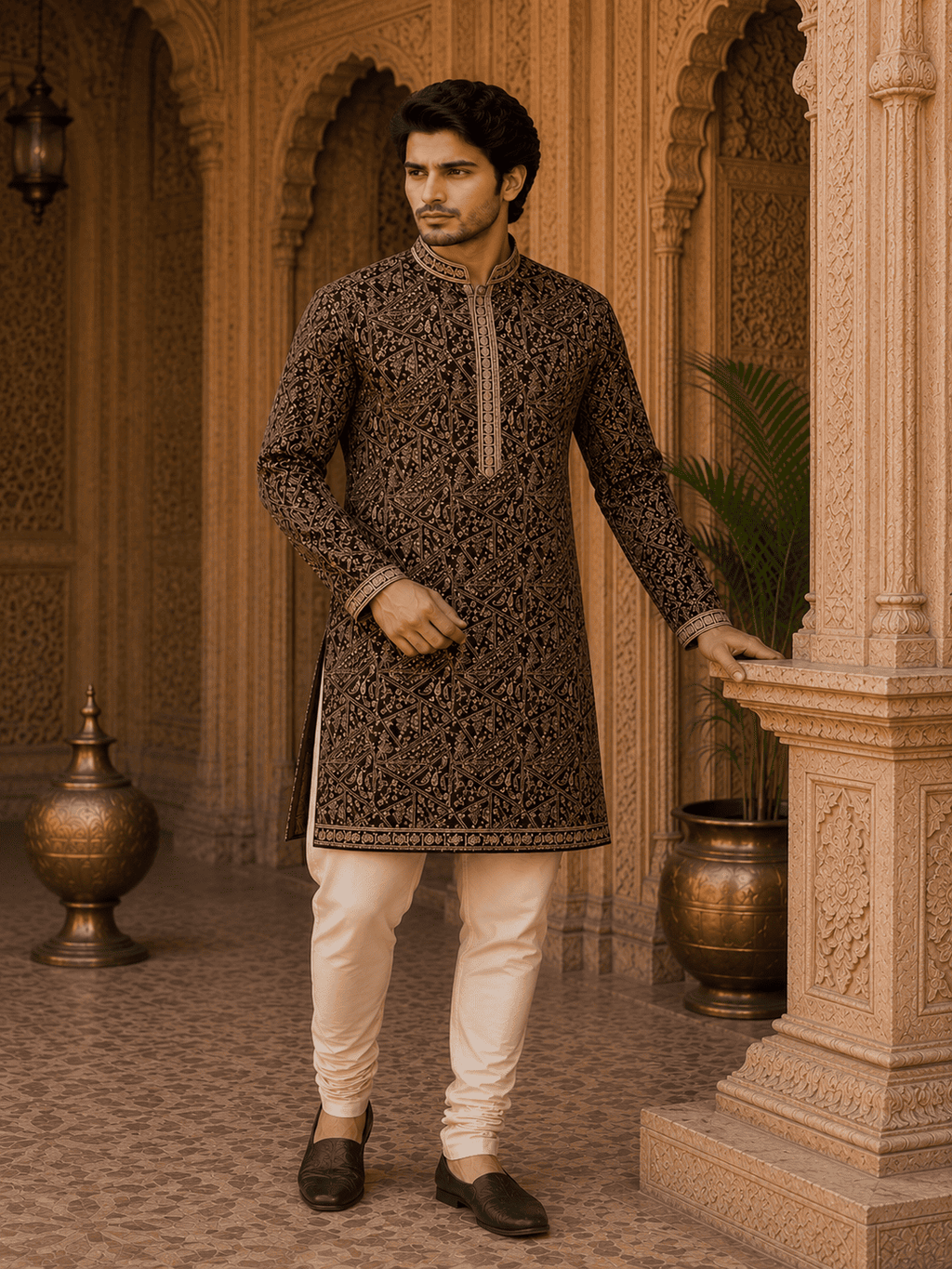 MULTI SHADES Royal Wine Embroidered Men’s Kurta with Inner Lining (Astar) | Grocsy