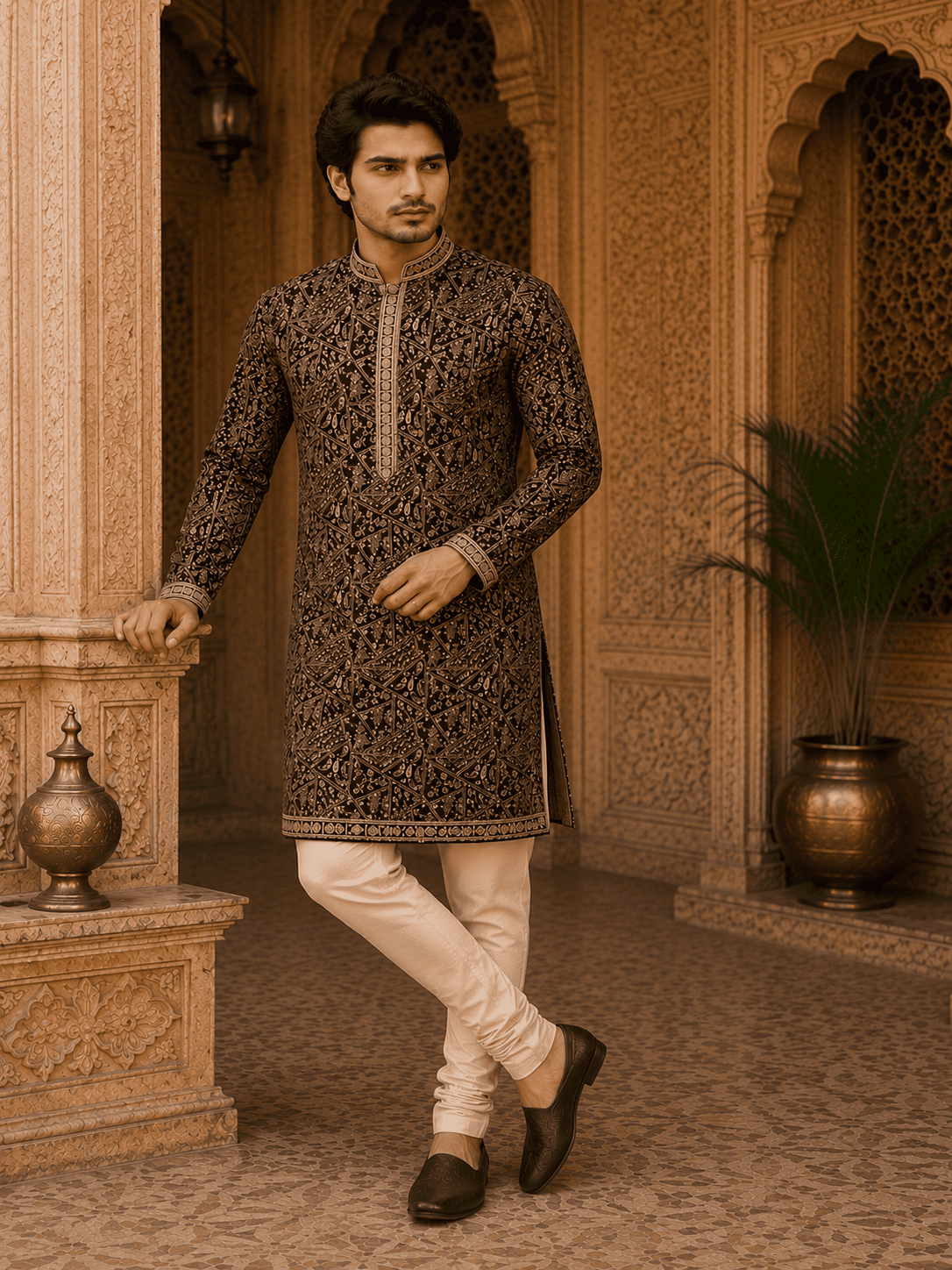 MULTI SHADES Royal Wine Embroidered Men’s Kurta Set with Inner Lining (Astar) | Grocsy