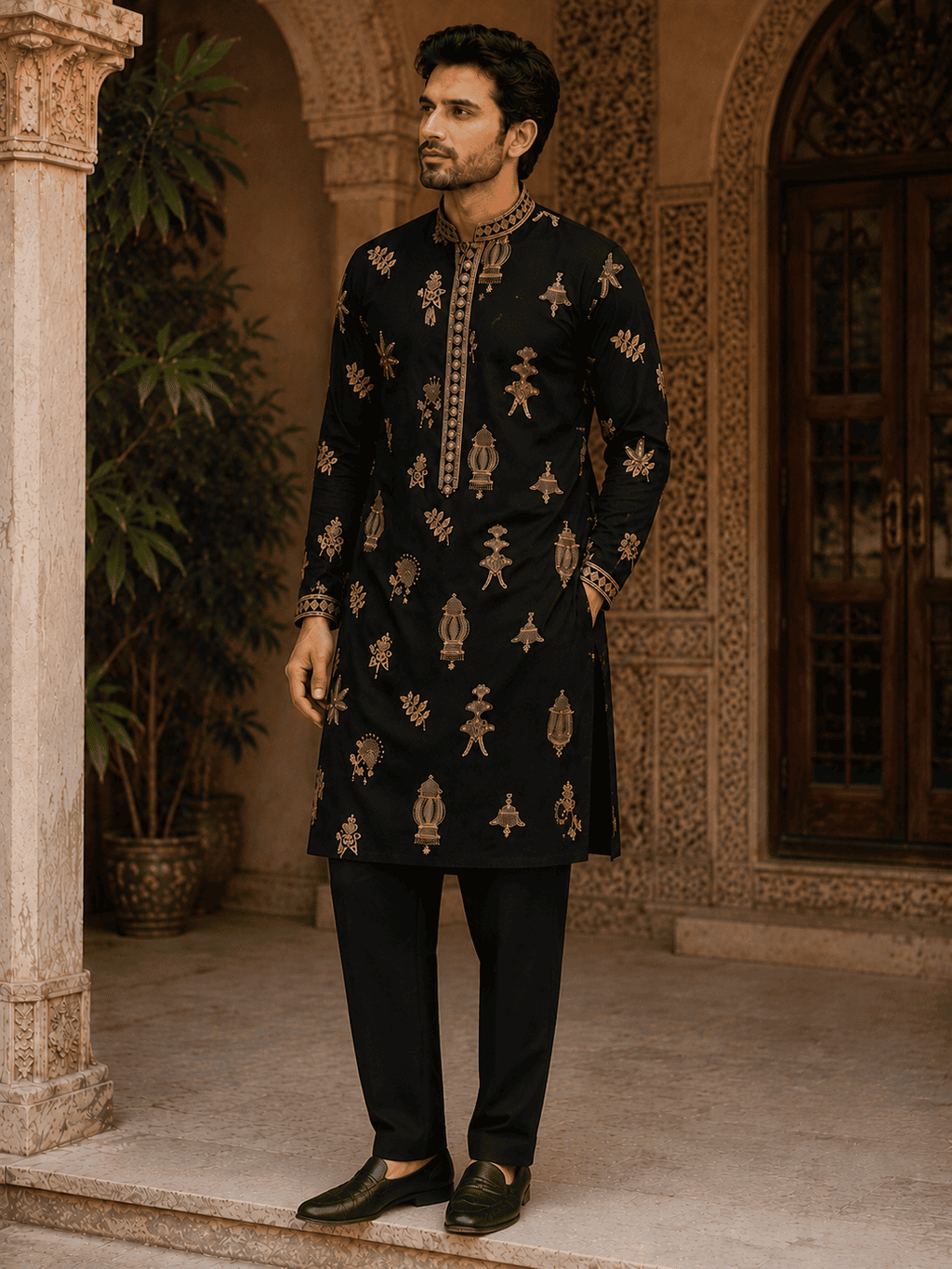 MULTI SHADES Midnight Black Gold Motif Embroidered Kurta Set with Inner Lining (Astar) | Grocsy