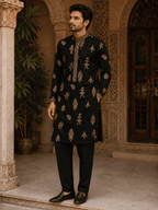 MULTI SHADES Midnight Black Gold Motif Embroidered Kurta Set with Inner Lining (Astar) | Grocsy
