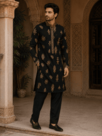 MULTI SHADES Midnight Black Gold Motif Embroidered Kurta with Inner Lining (Astar) | Grocsy