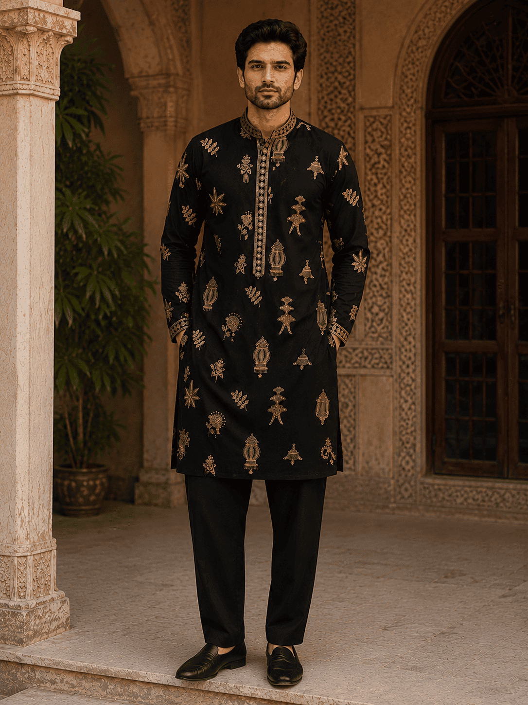 MULTI SHADES Midnight Black Gold Motif Embroidered Kurta Set with Inner Lining (Astar) | Grocsy