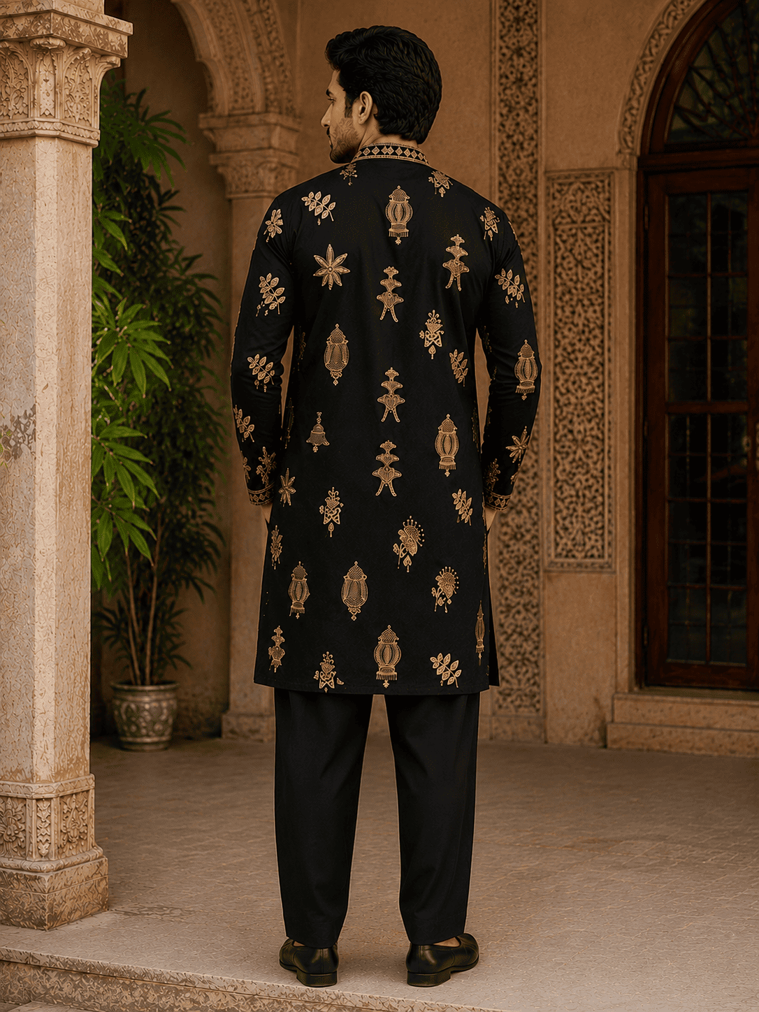 MULTI SHADES Midnight Black Gold Motif Embroidered Kurta Set with Inner Lining (Astar) | Grocsy