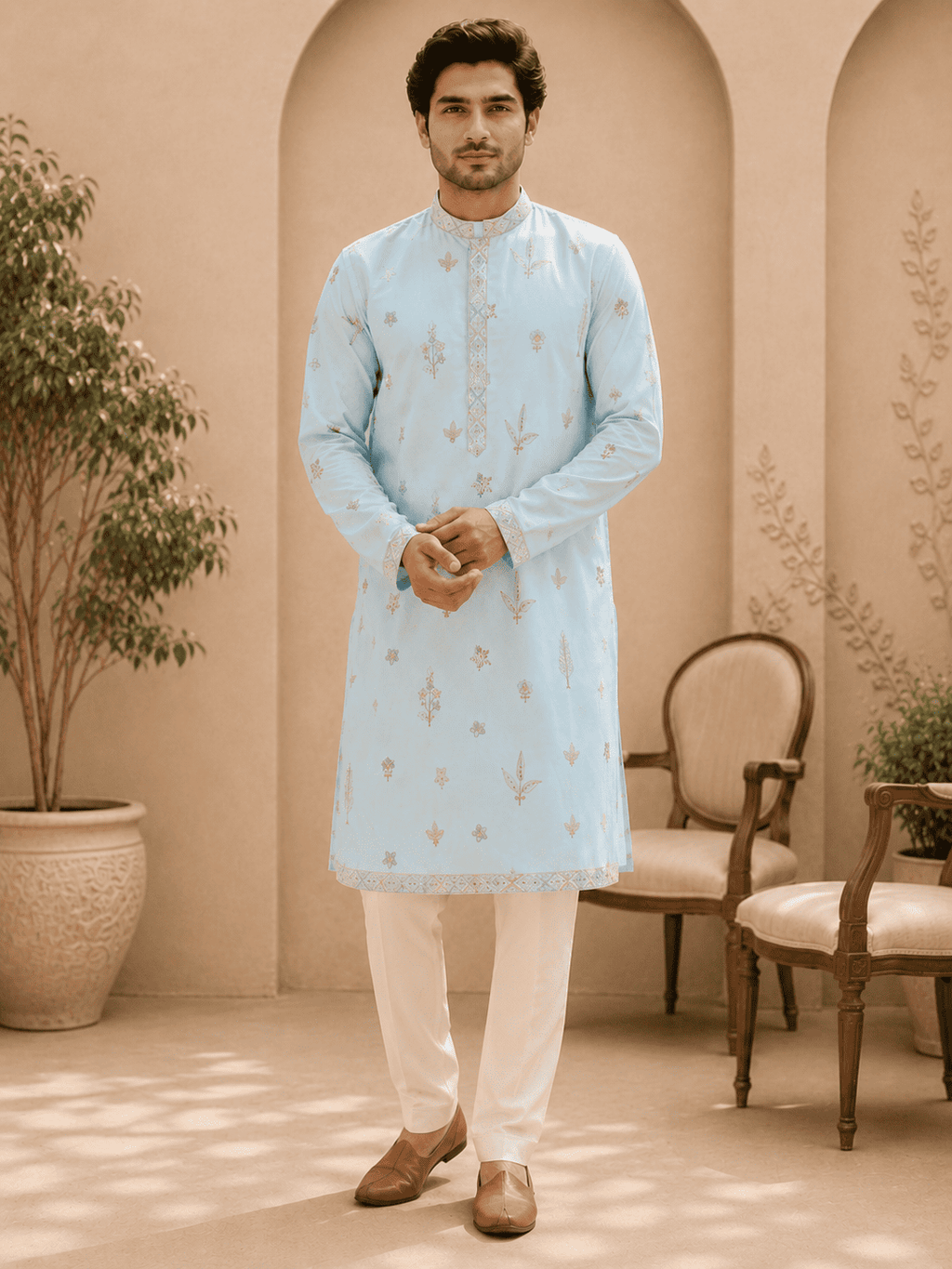 MULTI SHADES Sky Blue Embroidered Men’s Kurta | Grocsy