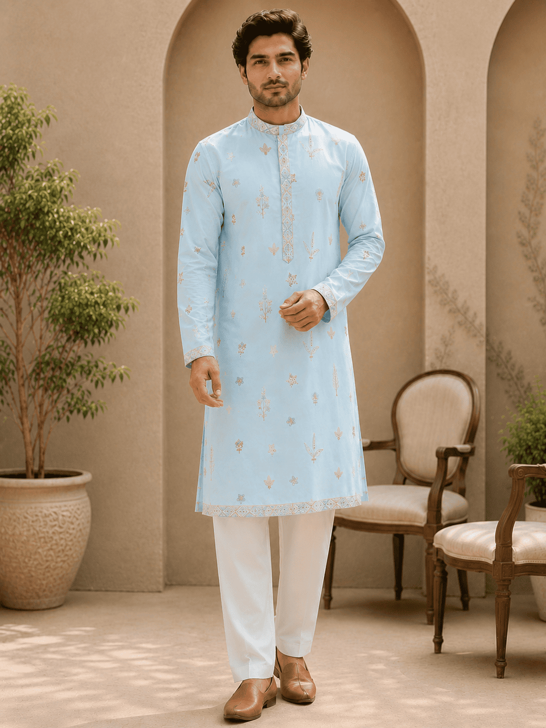 MULTI SHADES Sky Blue Embroidered Men’s Kurta | Grocsy
