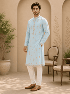 MULTI SHADES Sky Blue Embroidered Men’s Kurta | Grocsy