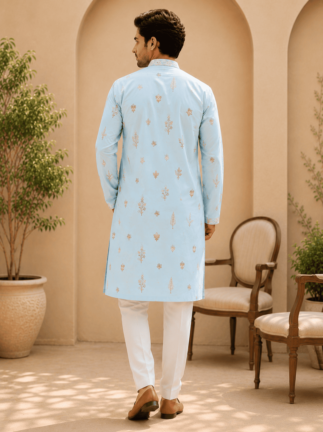 MULTI SHADES Sky Blue Embroidered Men’s Kurta | Grocsy