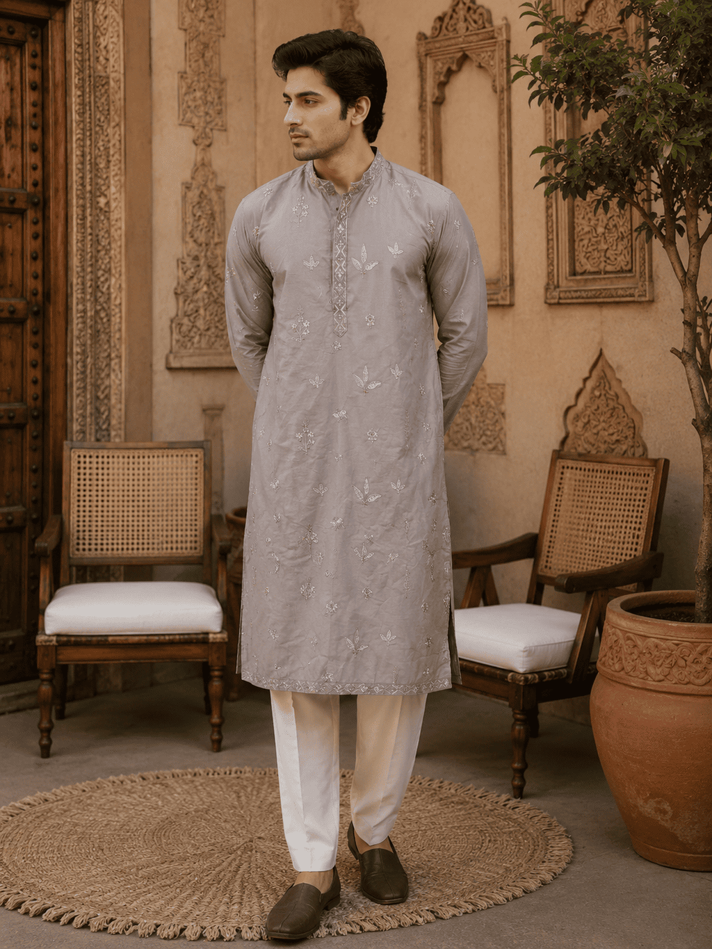 MULTI SHADES Dusty Grey Pastel Embroidered Men’s Kurta Set | Grocsy