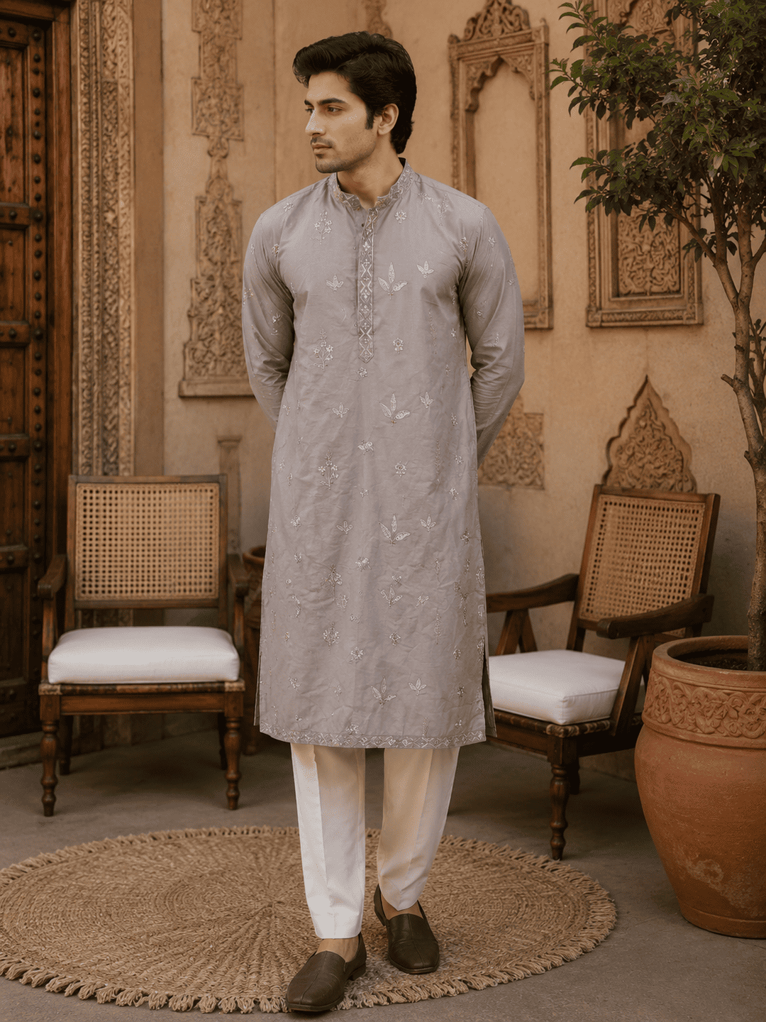 MULTI SHADES Dusty Grey Pastel Embroidered Men’s Kurta Set | Grocsy