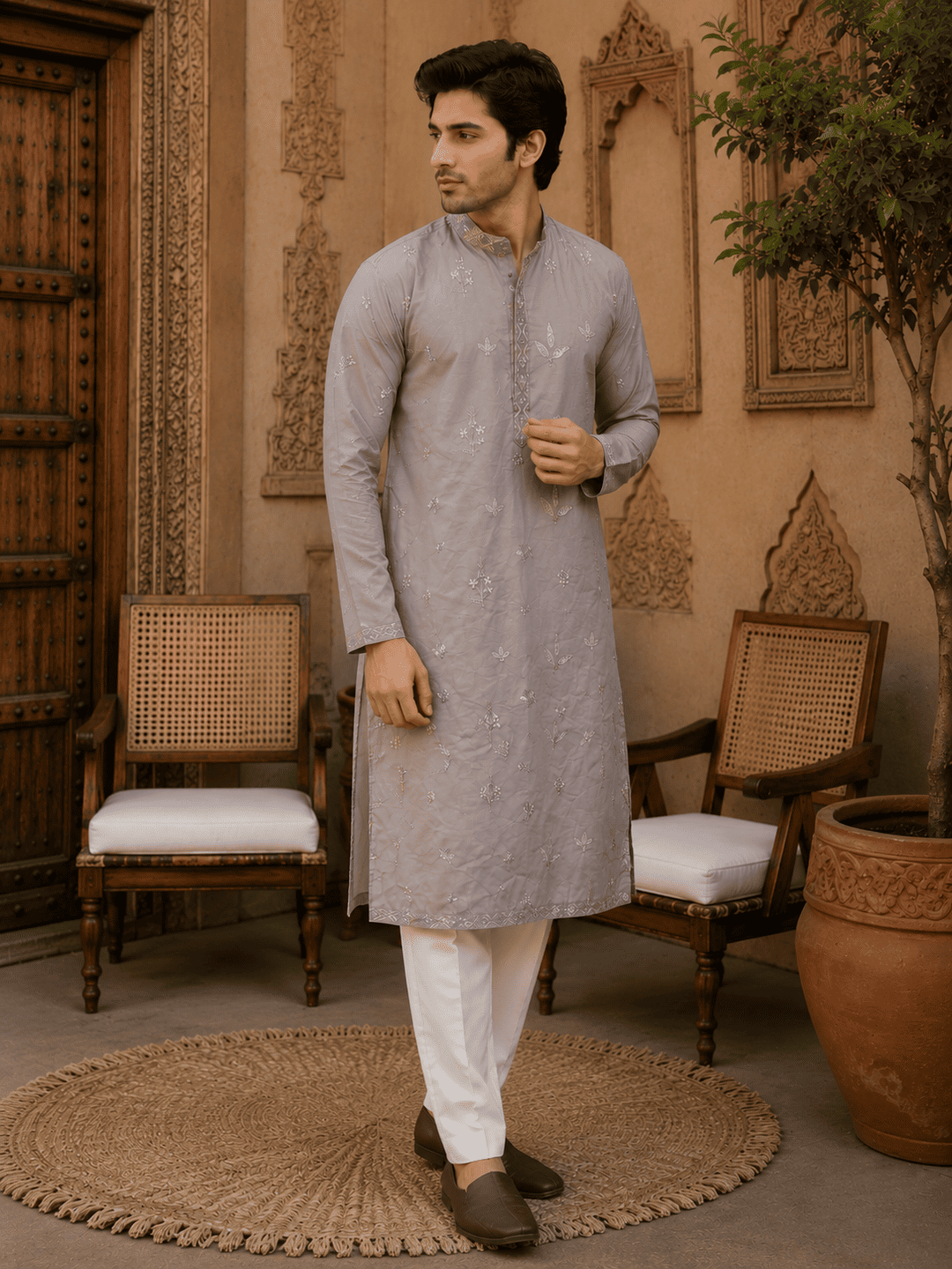 MULTI SHADES Dusty Grey Pastel Embroidered Men’s Kurta Set | Grocsy