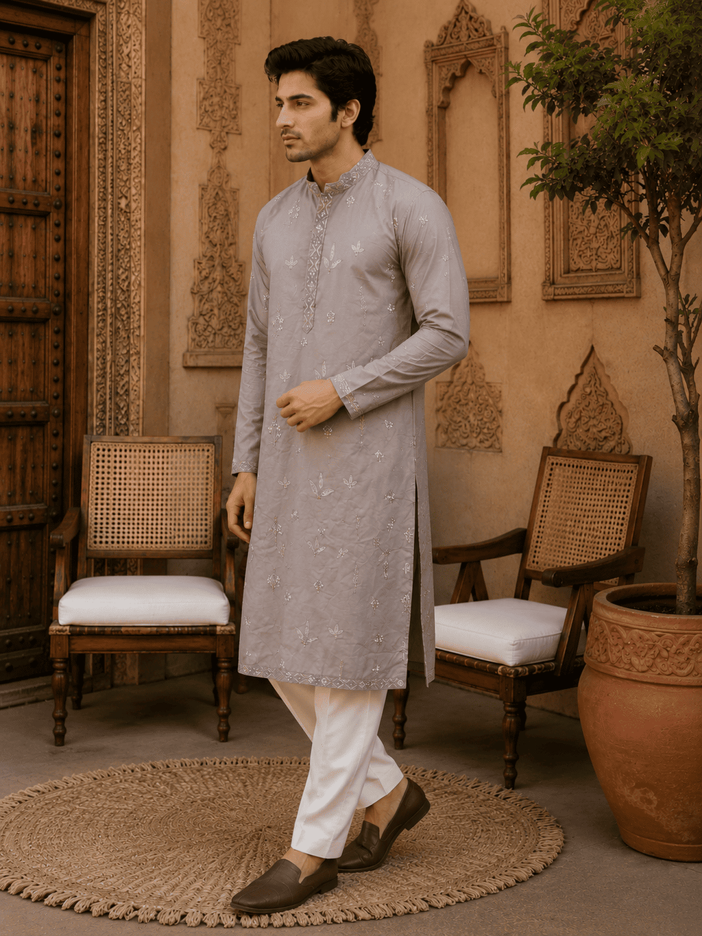 MULTI SHADES Dusty Grey Pastel Embroidered Men’s Kurta Set | Grocsy