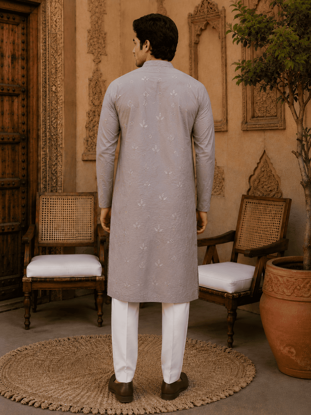 MULTI SHADES Dusty Grey Pastel Embroidered Men’s Kurta | Grocsy