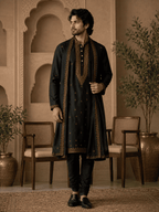 MULTI SHADES Midnight Black Royal Embroidered Kurta with Stole | Grocsy