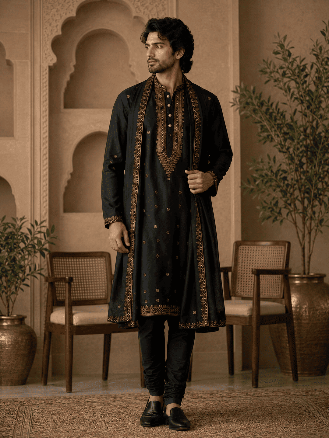 MULTI SHADES Midnight Black Royal Embroidered Kurta Set with Stole | Grocsy