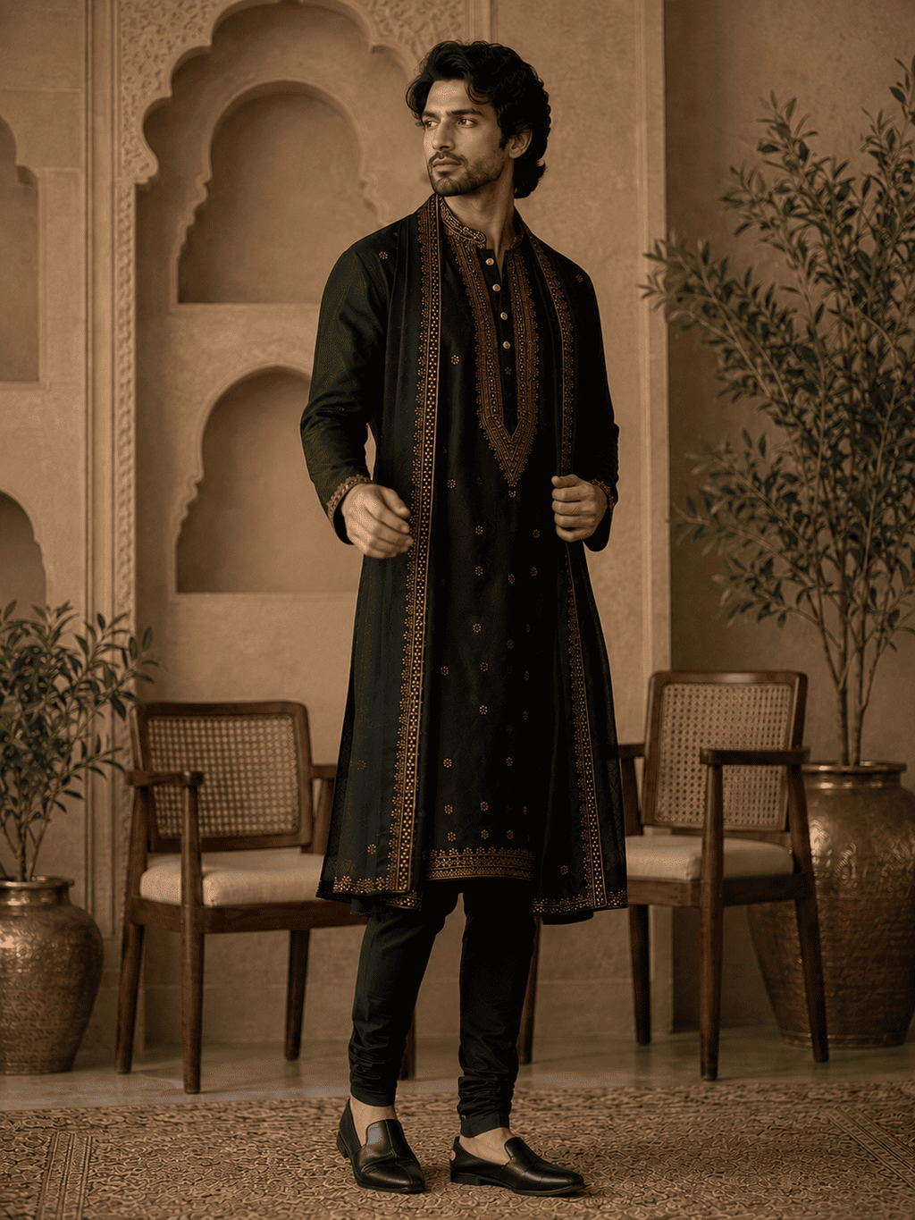 MULTI SHADES Midnight Black Royal Embroidered Kurta with Stole | Grocsy