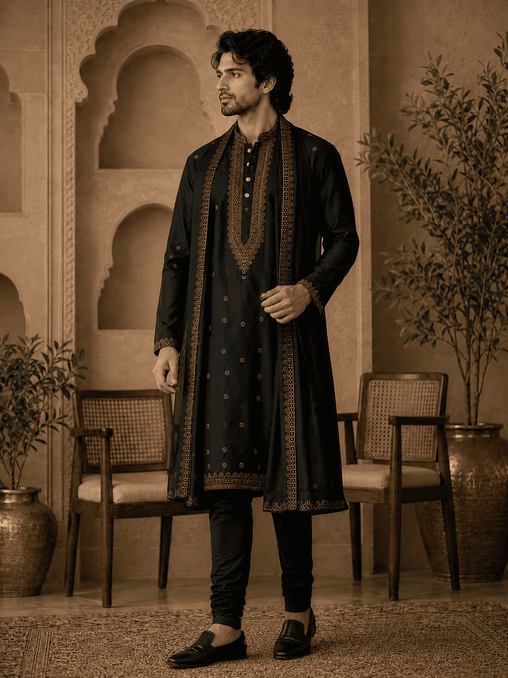 MULTI SHADES Midnight Black Royal Embroidered Kurta with Stole | Grocsy