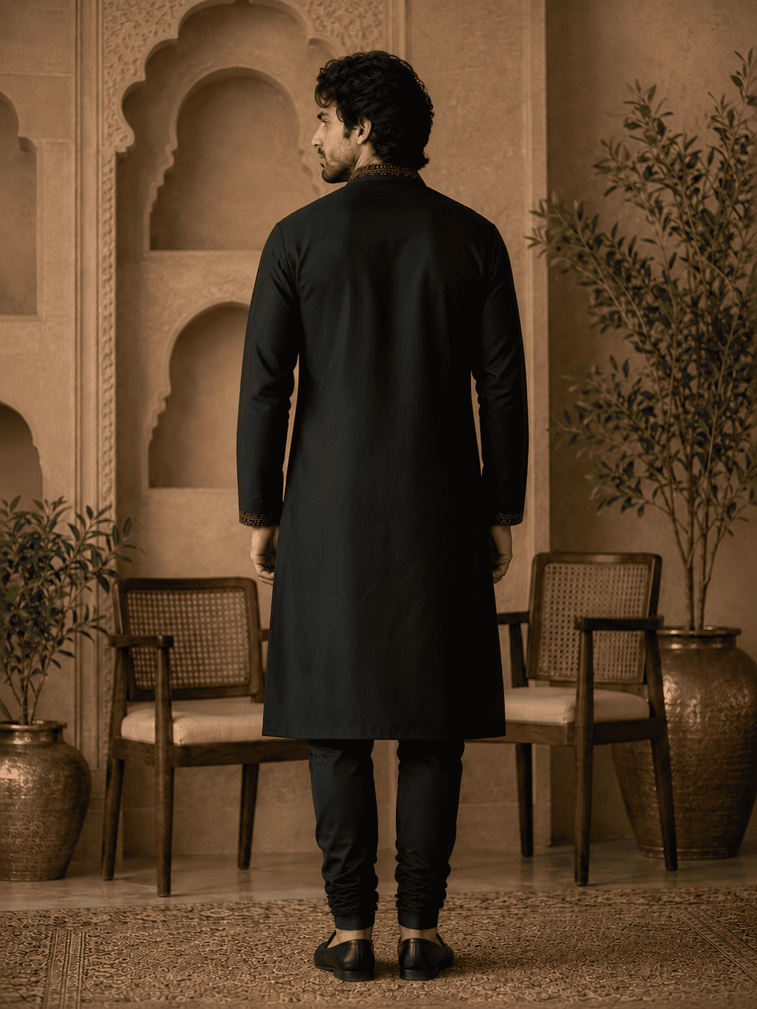 MULTI SHADES Midnight Black Royal Embroidered Kurta Set with Stole | Grocsy