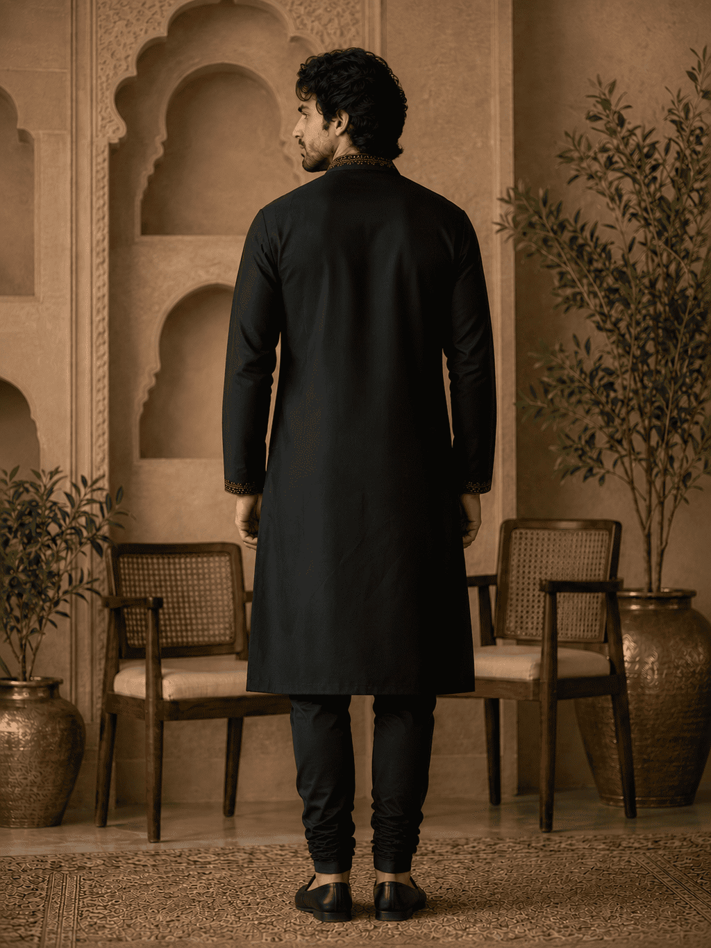MULTI SHADES Midnight Black Royal Embroidered Kurta with Stole | Grocsy