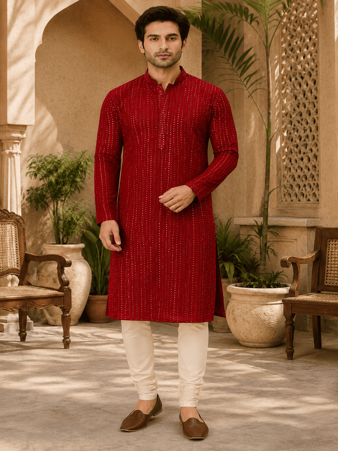 MULTI SHADES Crimson Royale Red Embellished Kurta | Grocsy