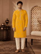 MULTI SHADES Men's Mustard Yellow Woven Ethnic Kurta with Cream Pyjama Set | Grocsy