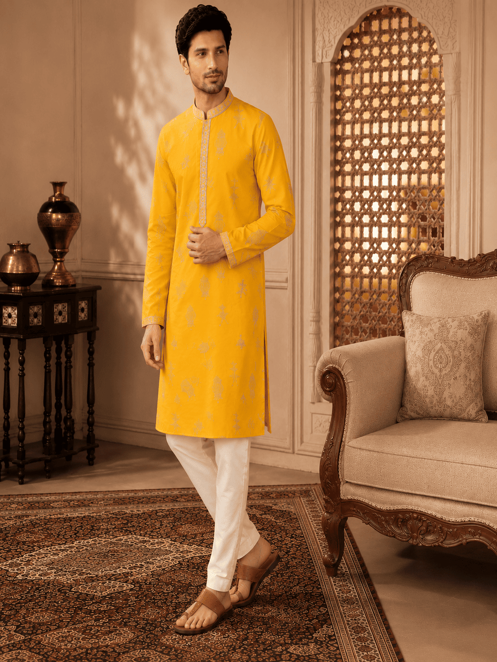 MULTI SHADES Men's Mustard Yellow Woven Ethnic Kurta | Grocsy
