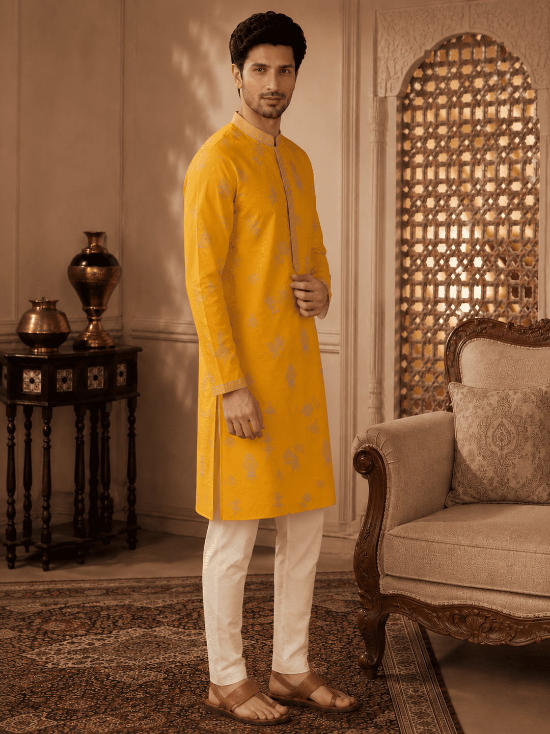 MULTI SHADES Men's Mustard Yellow Woven Ethnic Kurta | Grocsy