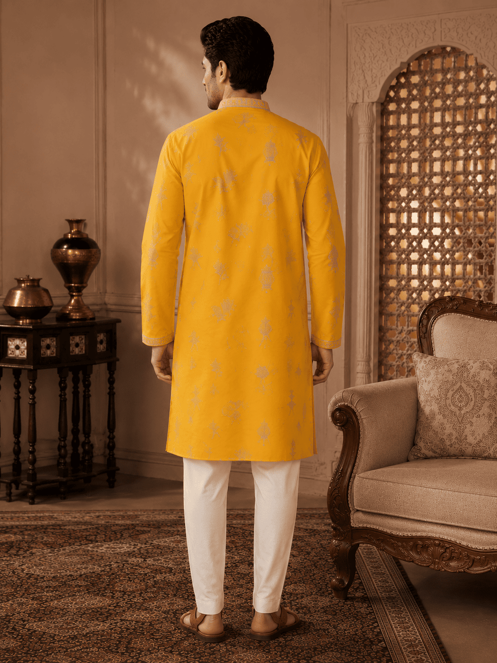 MULTI SHADES Men's Mustard Yellow Woven Ethnic Kurta | Grocsy