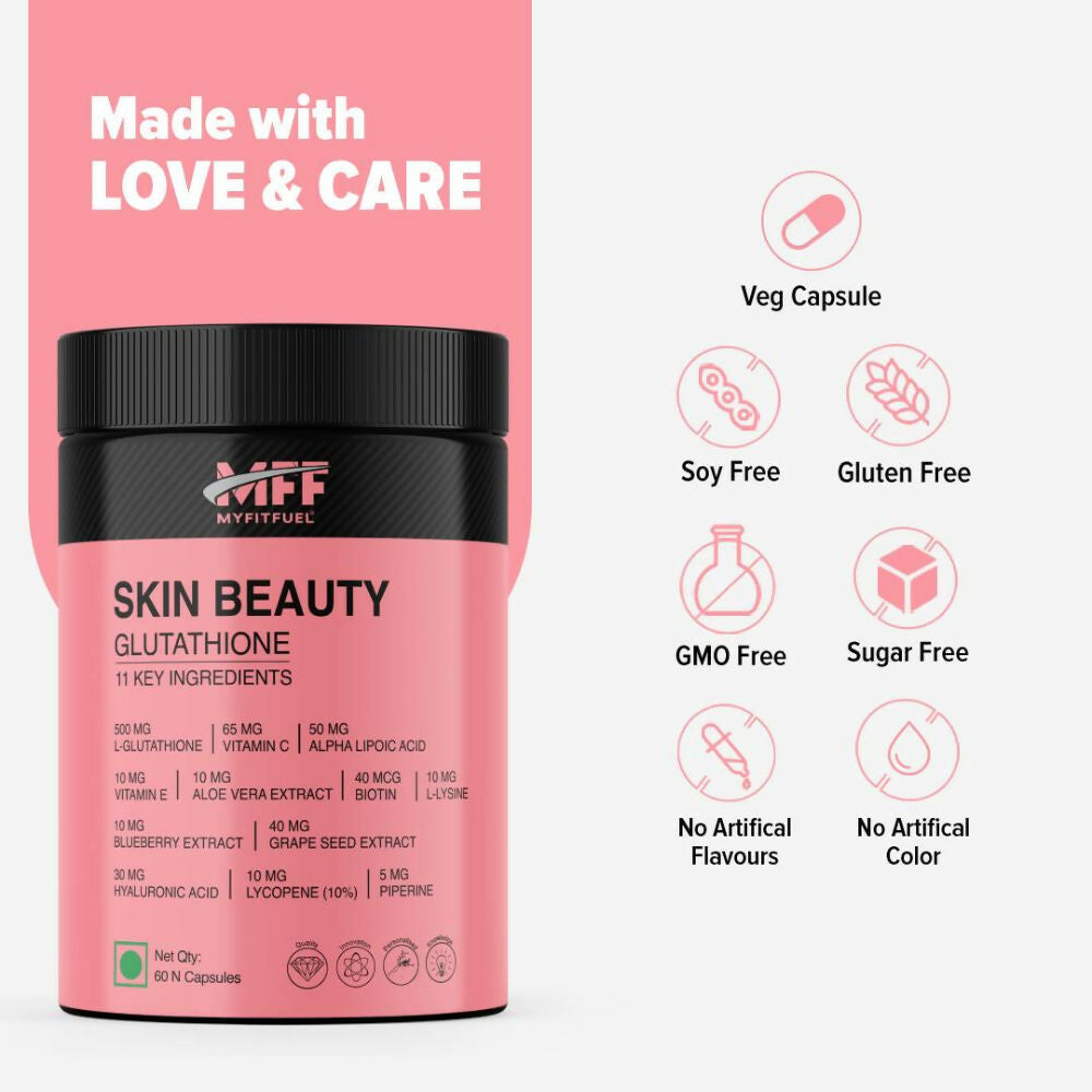 MyFitFuel Skin Beauty Glutathione + Lycopene, Vitamin C & E, Hyaluronic Acid, Biotin Capsules | Grocsy