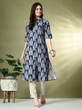 Myshka Women's Cotton Printed A-Line Kurta in Navy Blue Color | Grocsy