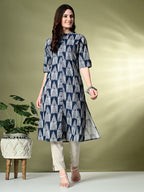 Myshka Women's Cotton Printed A-Line Kurta in Navy Blue Color | Grocsy