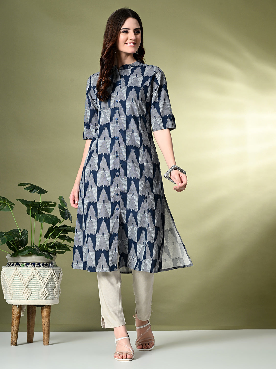 Myshka Women's Cotton Printed A-Line Kurta in Navy Blue Color | Grocsy