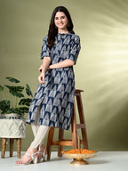 Myshka Women's Cotton Printed A-Line Kurta in Navy Blue Color | Grocsy