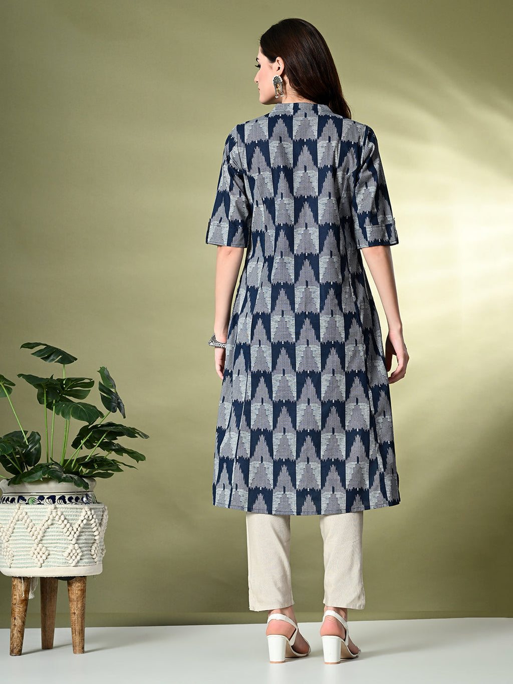 Myshka Women's Cotton Printed A-Line Kurta in Navy Blue Color | Grocsy