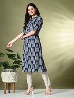 Myshka Women's Cotton Printed A-Line Kurta in Navy Blue Color | Grocsy