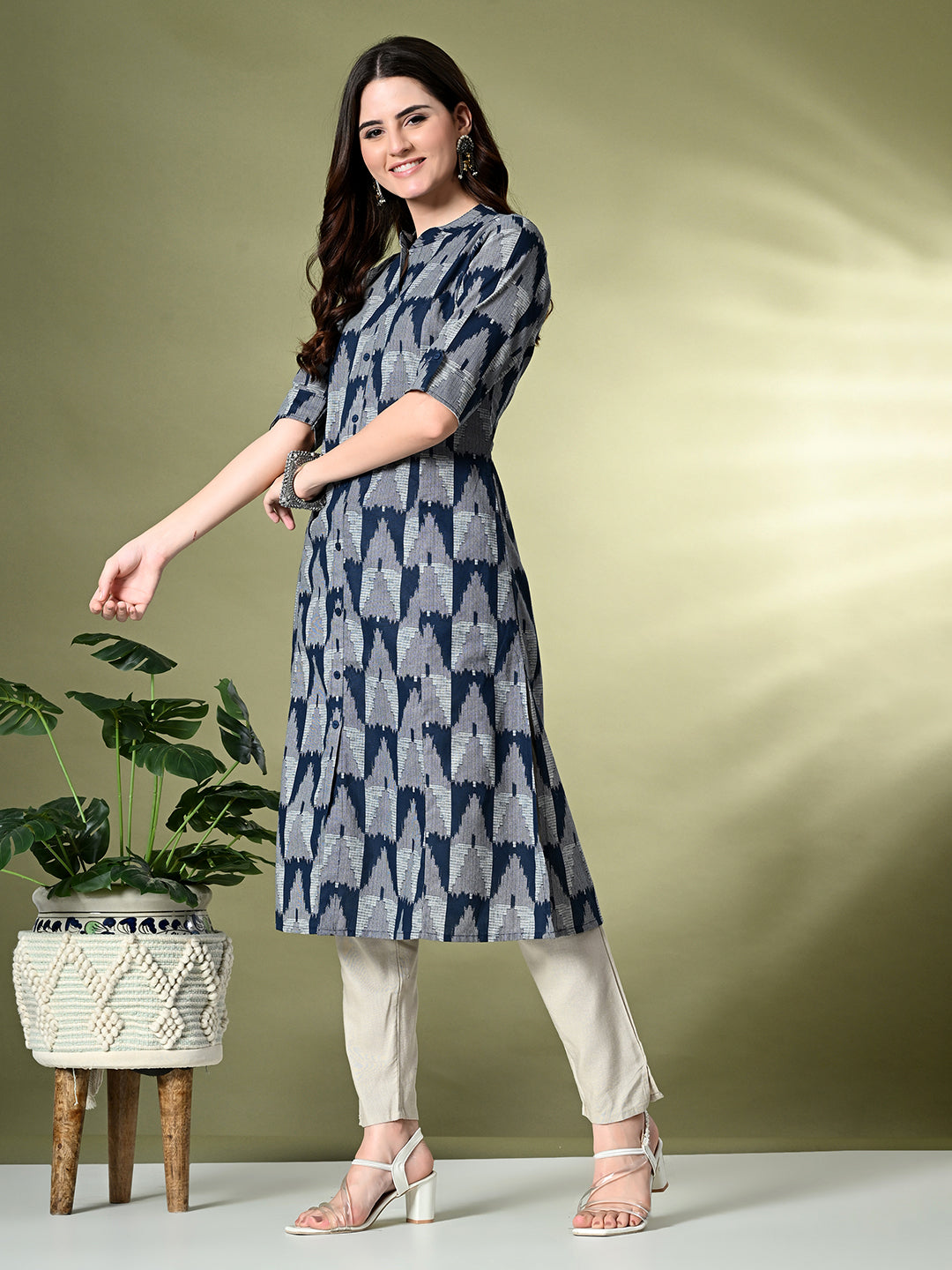 Myshka Women's Cotton Printed A-Line Kurta in Navy Blue Color | Grocsy