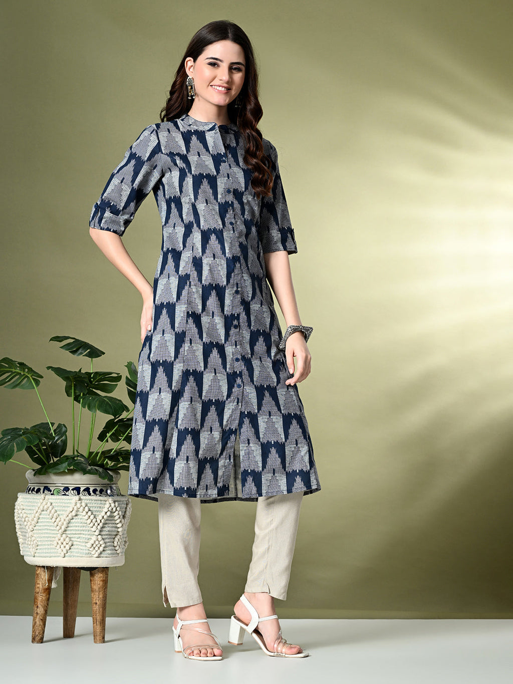Myshka Women's Cotton Printed A-Line Kurta in Navy Blue Color | Grocsy