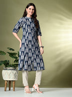 Myshka Women's Cotton Printed A-Line Kurta in Navy Blue Color | Grocsy