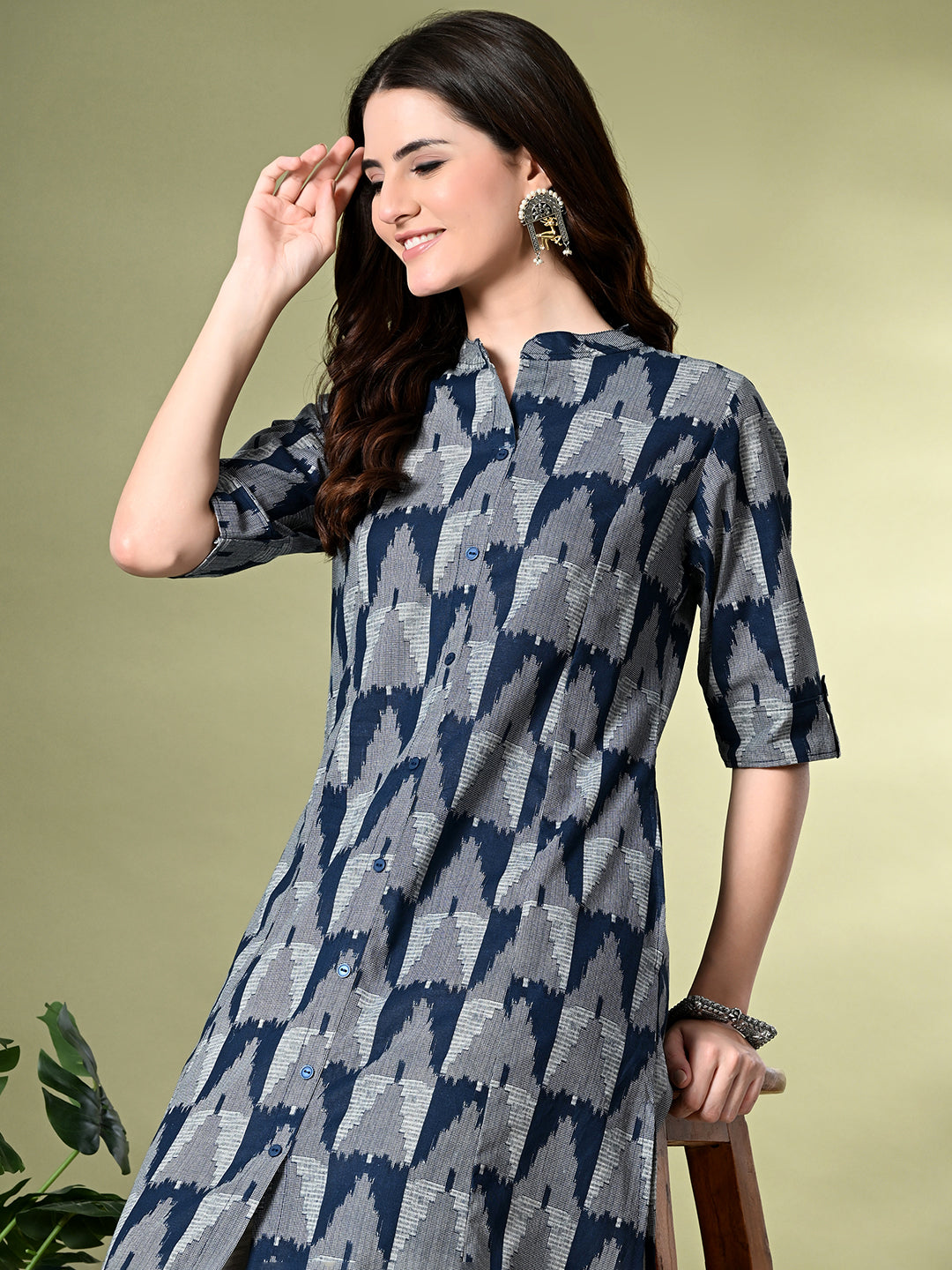 Myshka Women's Cotton Printed A-Line Kurta in Navy Blue Color | Grocsy