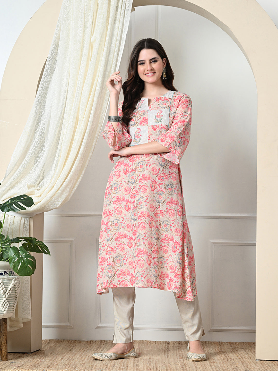 Myshka Women's Hakoba Printed A-Line Kurta in Peach Color | Grocsy