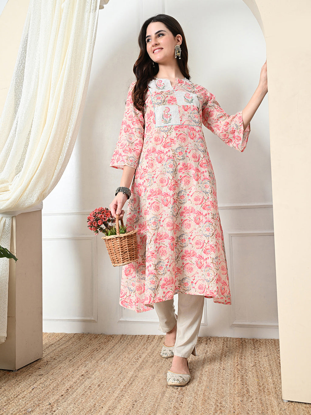 Myshka Women's Hakoba Printed A-Line Kurta in Peach Color | Grocsy
